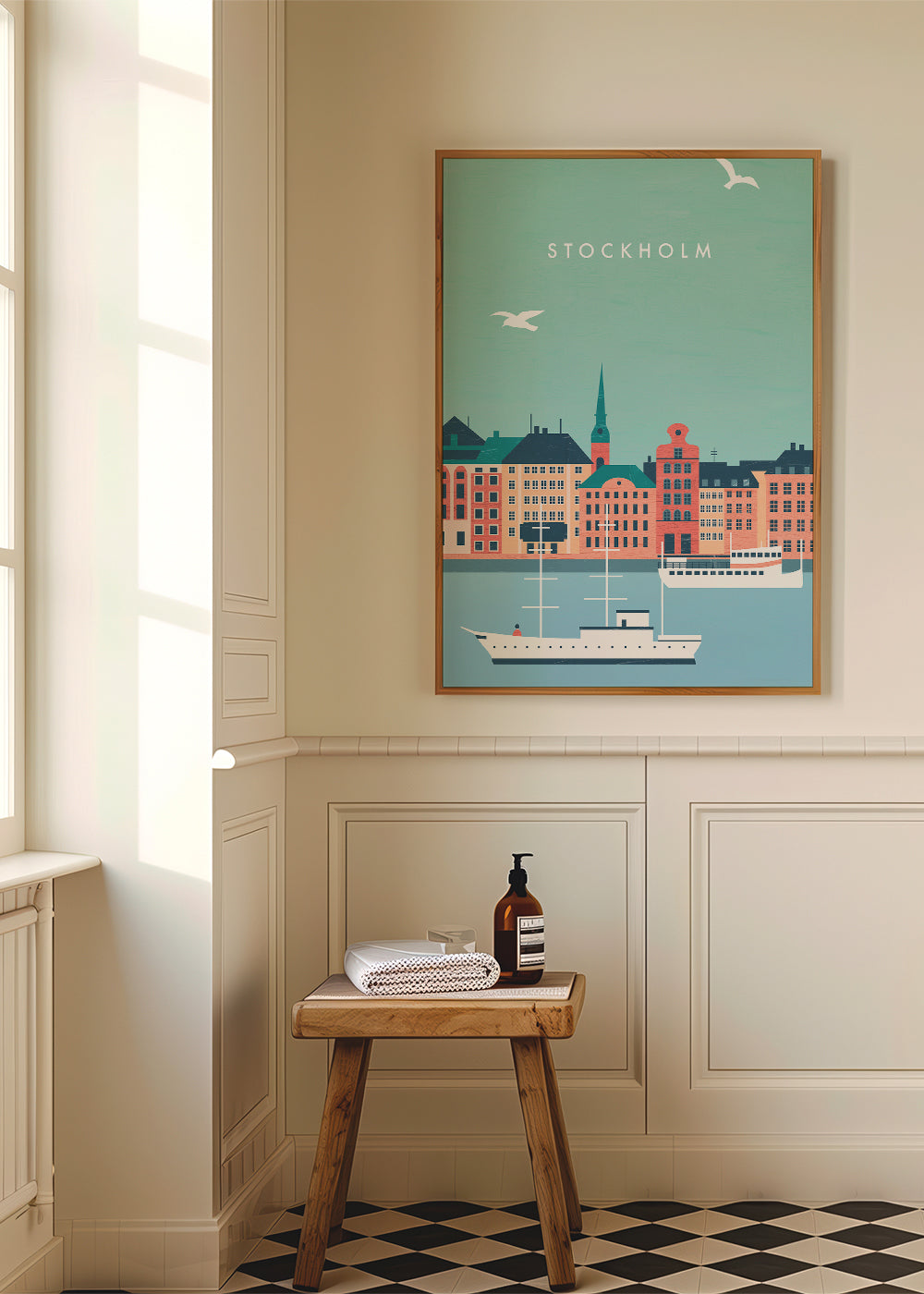Plakat Sztokholm z portem i łodziami