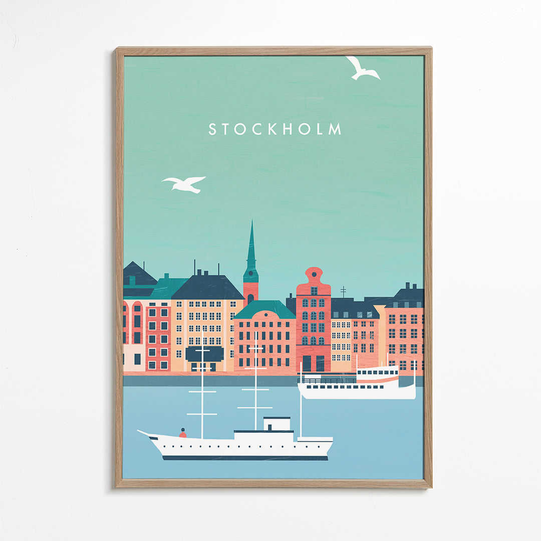 Plakat Sztokholm z portem i łodziami