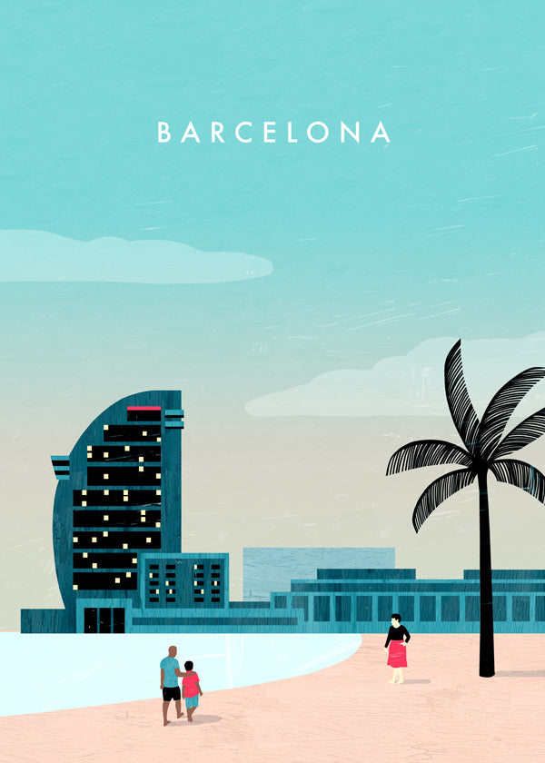 Plakat podróżniczy Barcelona, scena plażowa