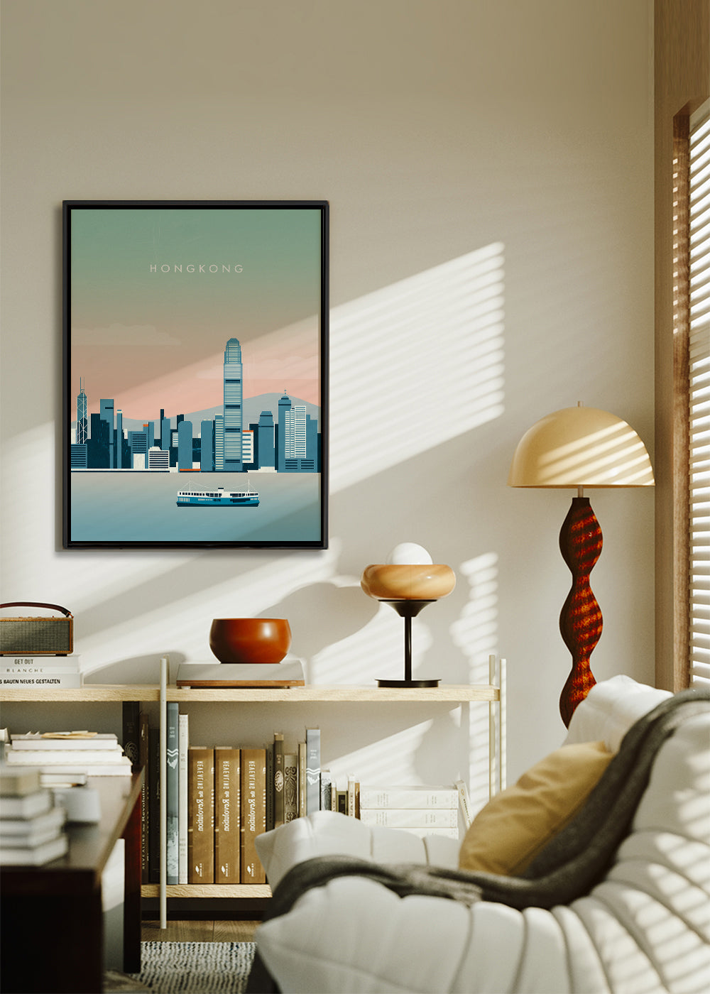 Sztuka do kuchni Hong Kong skyline w odcieniach niebieskiego