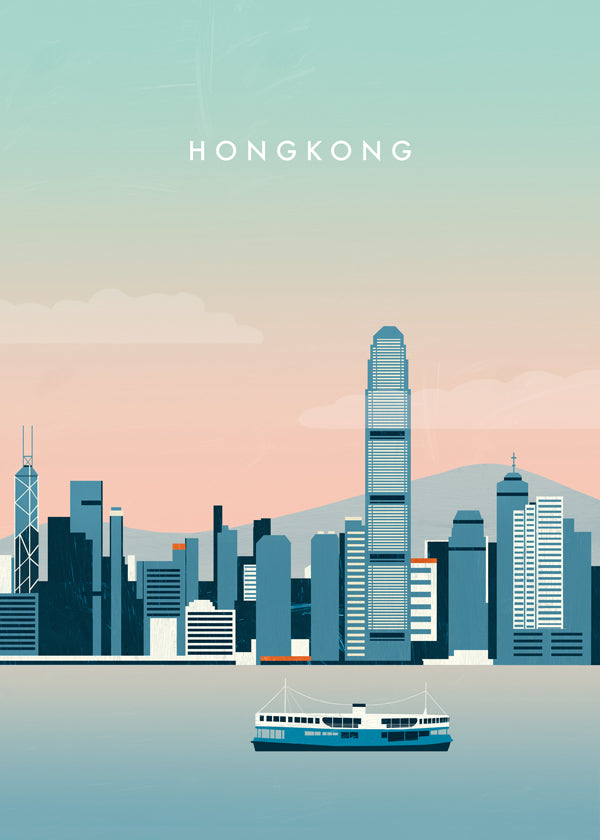 Sztuka do kuchni Hong Kong skyline w odcieniach niebieskiego