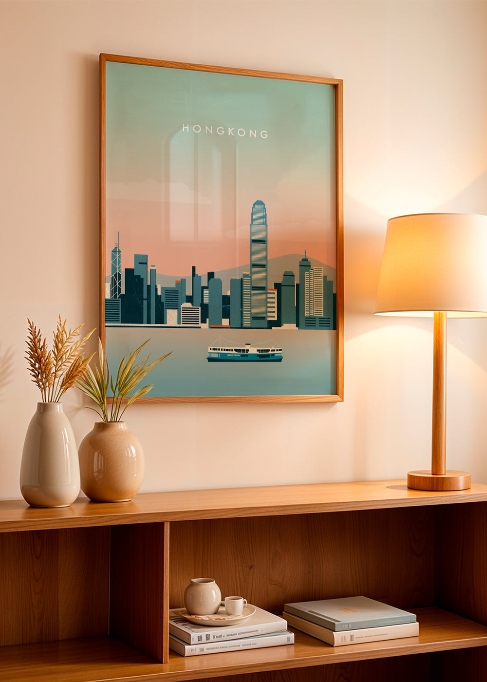 Sztuka do kuchni Hong Kong skyline w odcieniach niebieskiego