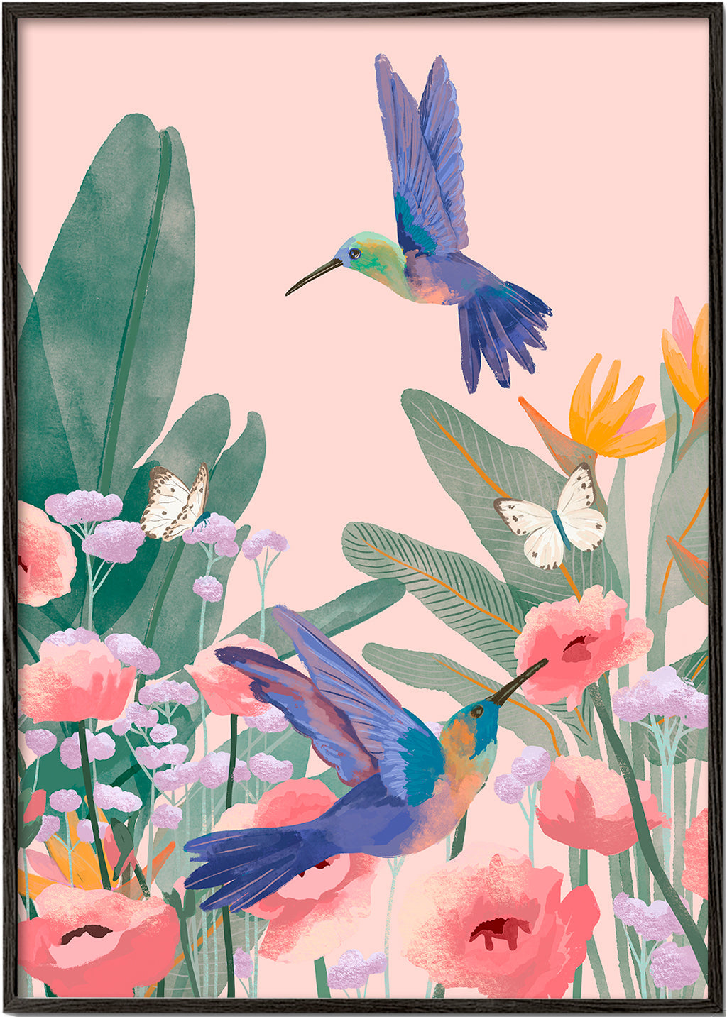 Plakat botaniczny z kolibrami i kwiatami na różowym tle