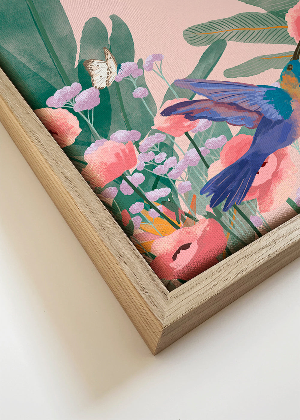 Plakat botaniczny z kolibrami i kwiatami na różowym tle
