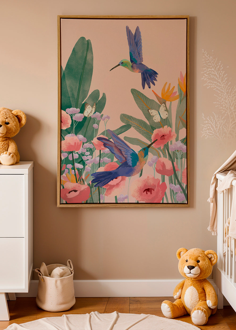 Plakat botaniczny z kolibrami i kwiatami na różowym tle