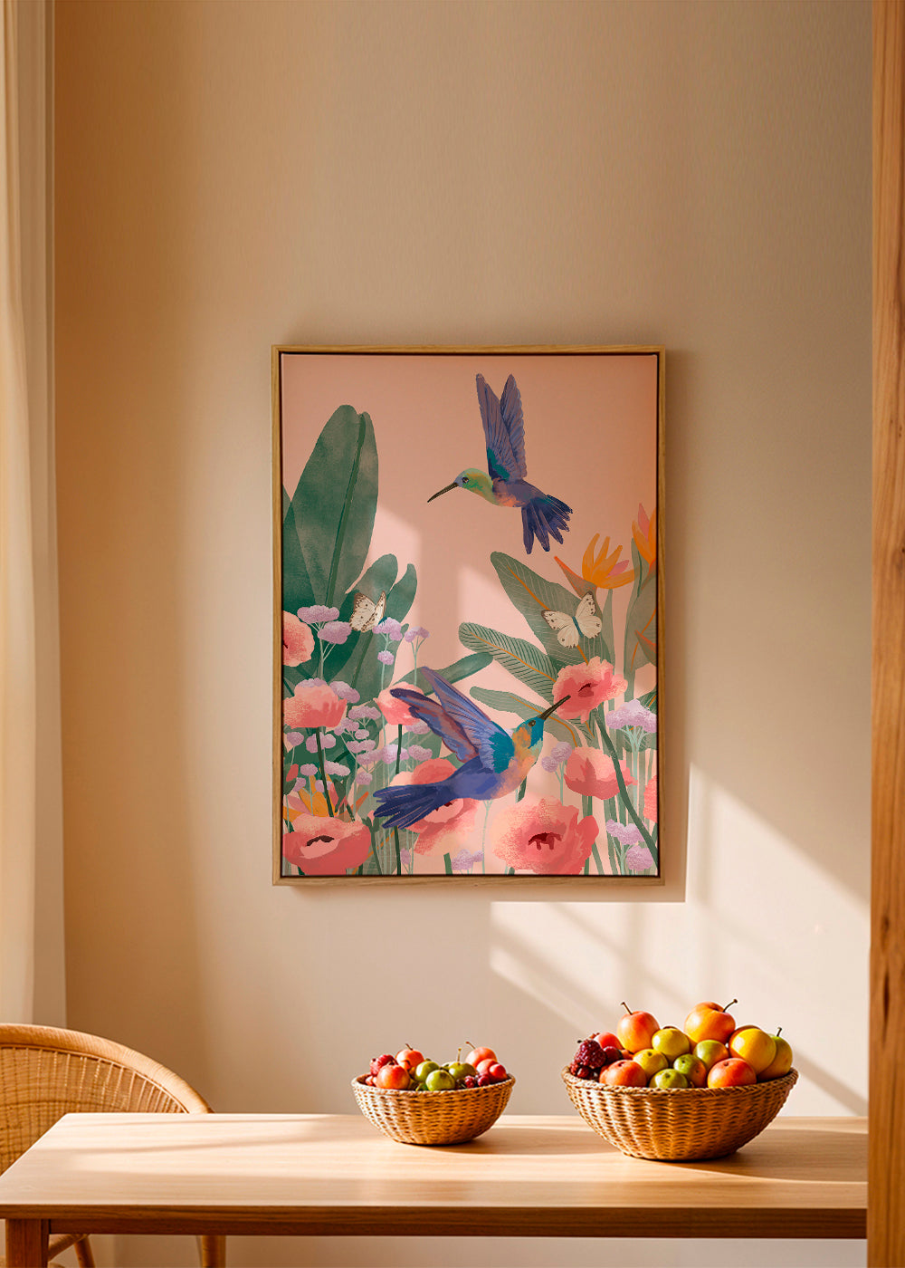 Plakat botaniczny z kolibrami i kwiatami na różowym tle