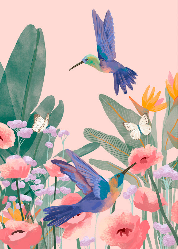 Plakat botaniczny z kolibrami i kwiatami na różowym tle