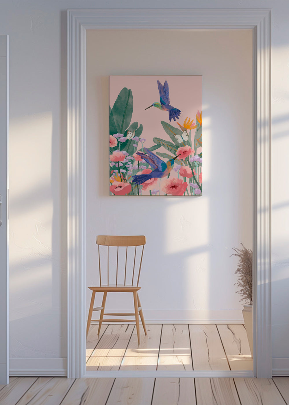 Plakat botaniczny z kolibrami i kwiatami na różowym tle