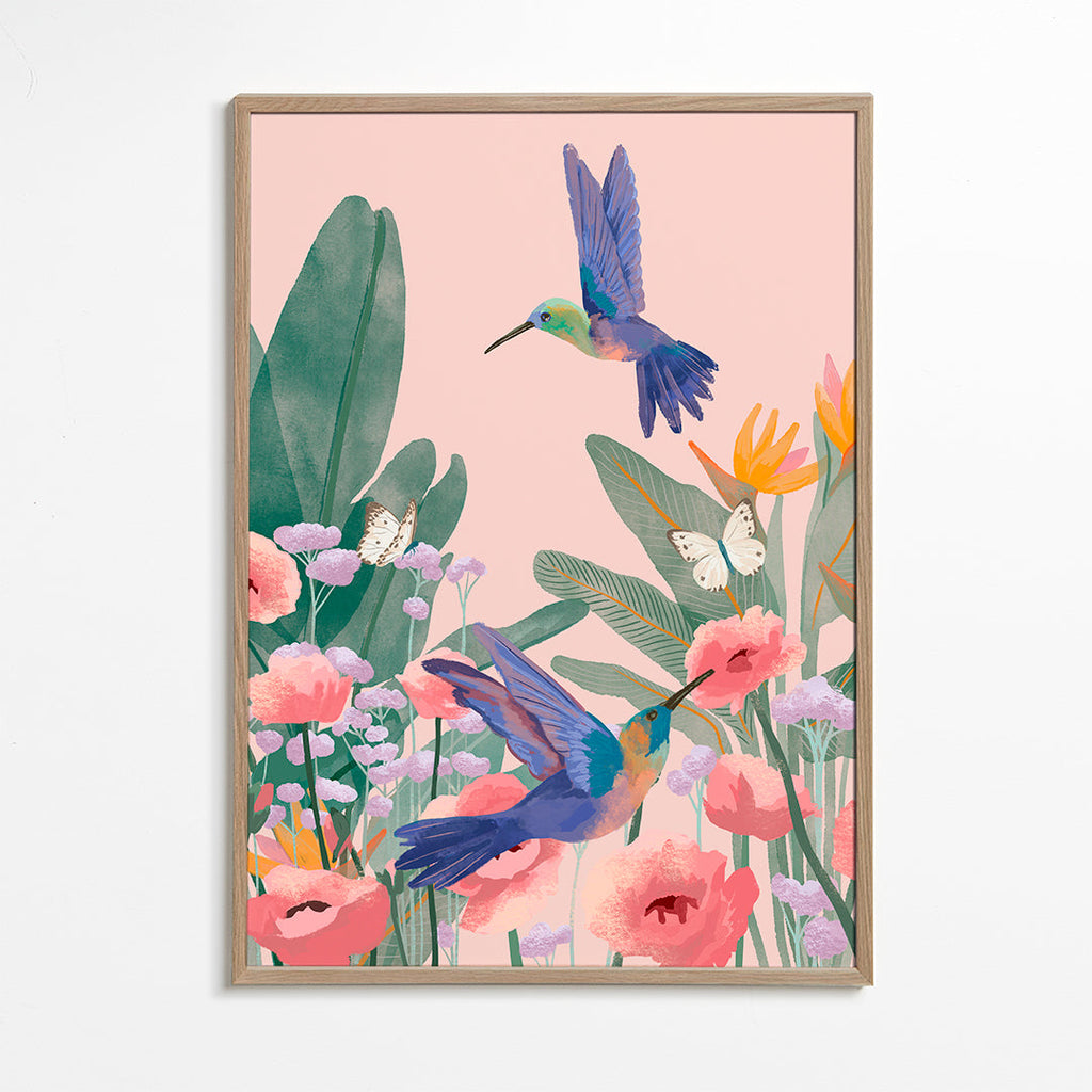 Plakat botaniczny z kolibrami i kwiatami na różowym tle