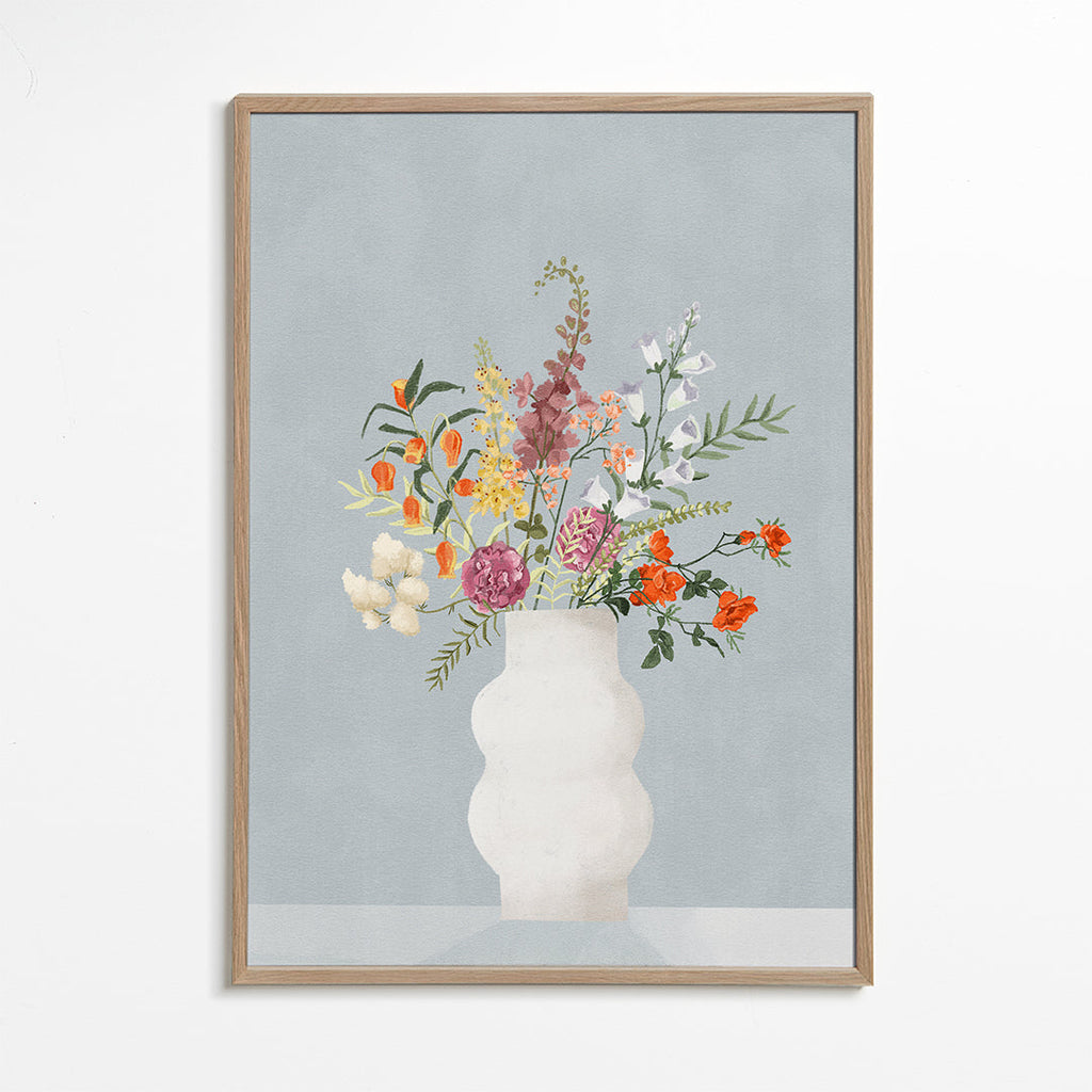 Plakat botaniczny z wazonem i kolorowym bukietem