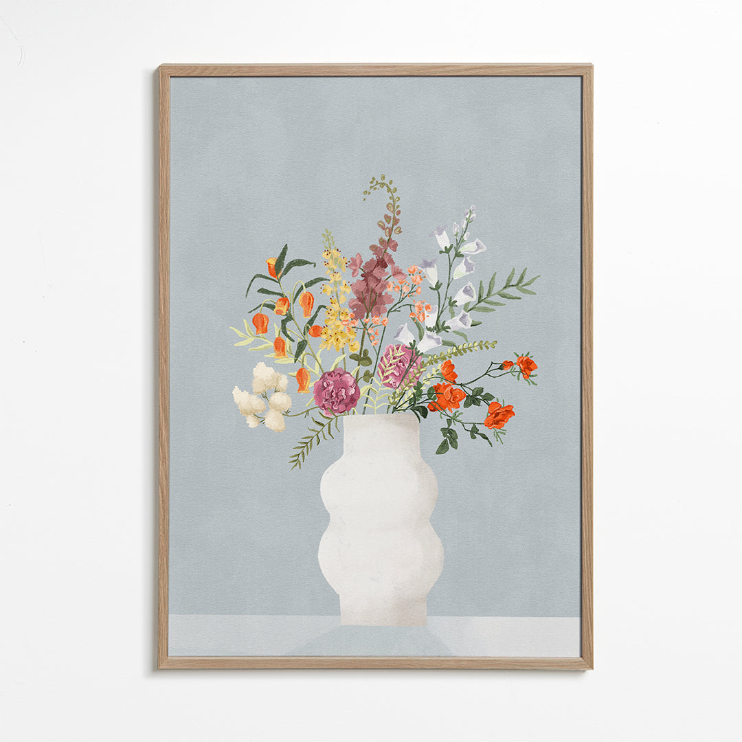 Plakat botaniczny z wazonem i kolorowym bukietem