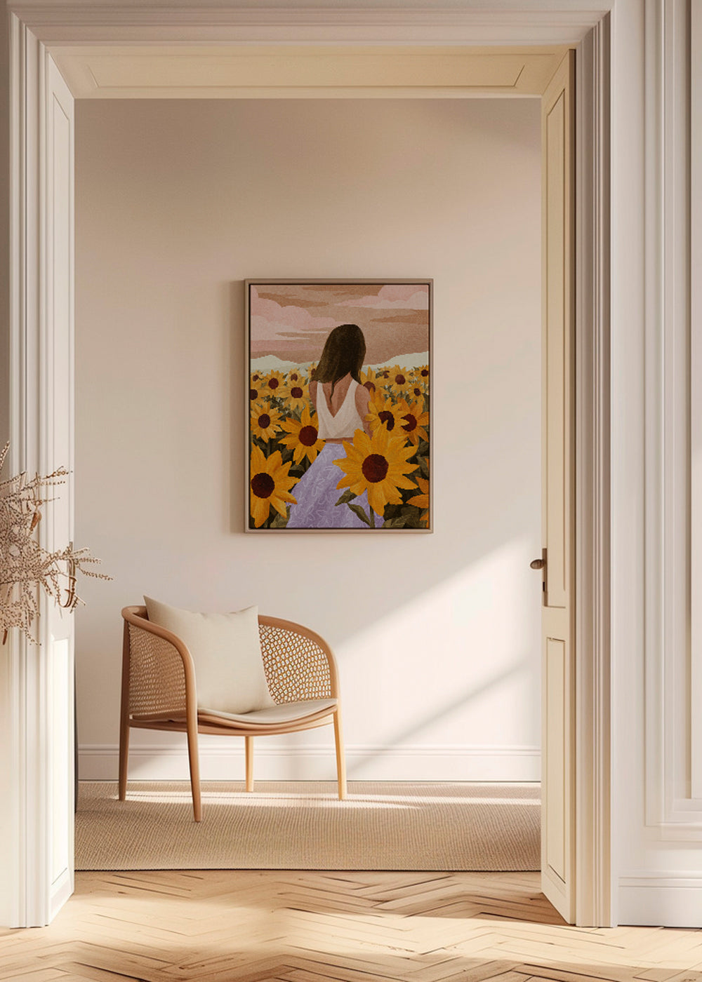 Plakat botaniczny: kobieta wśród słoneczników