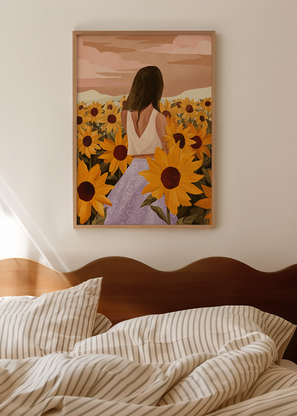 Plakat botaniczny: kobieta wśród słoneczników