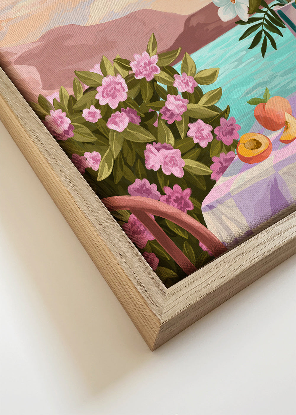 Plakat botaniczny: wazon i owoce nad morzem
