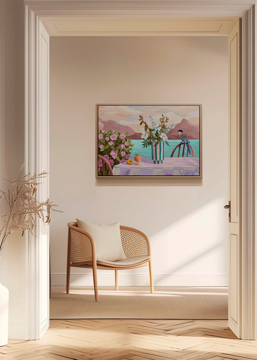 Plakat botaniczny: wazon i owoce nad morzem
