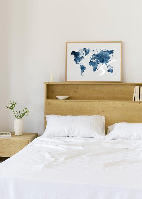 Indigo Blue World Map - Framed poster in an interior