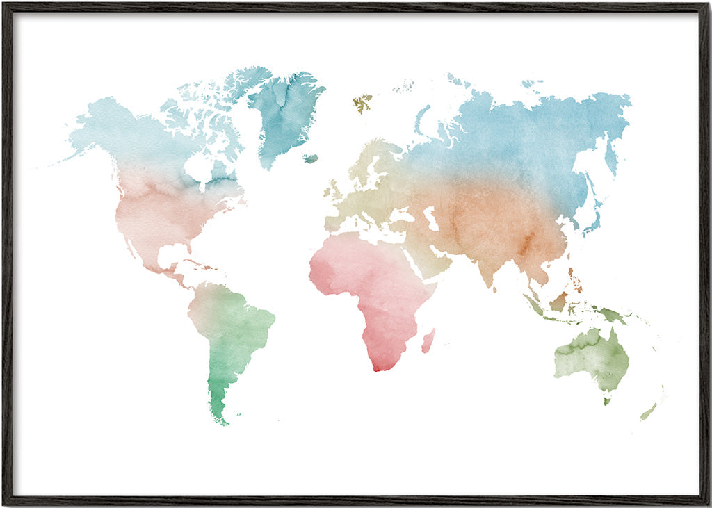 Plakat podróżniczy: mapa świata akwarela pastel