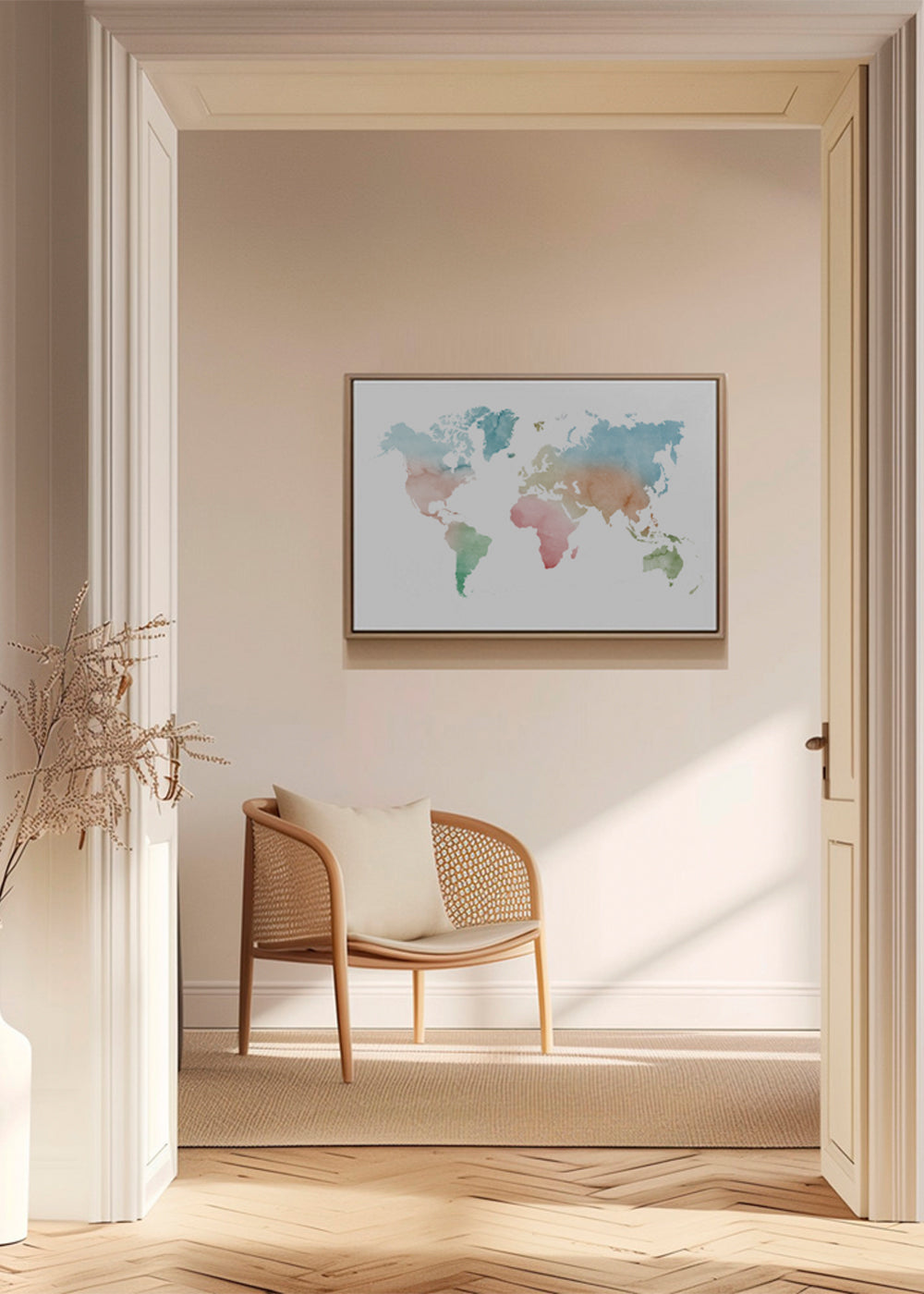 Plakat podróżniczy: mapa świata akwarela pastel