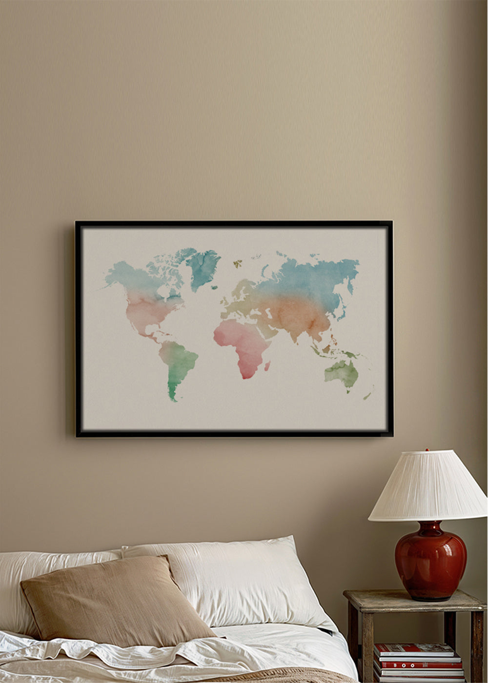 Plakat podróżniczy: mapa świata akwarela pastel