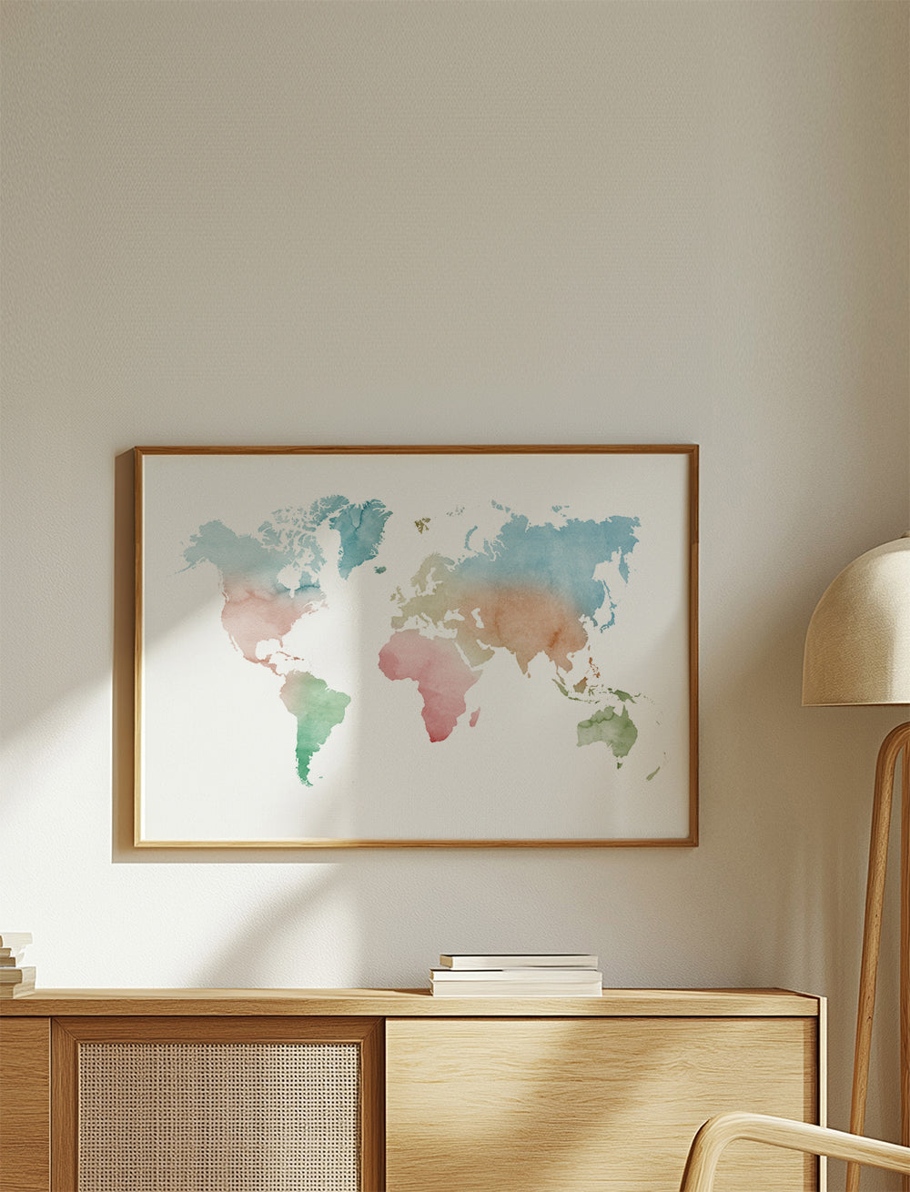Plakat podróżniczy: mapa świata akwarela pastel
