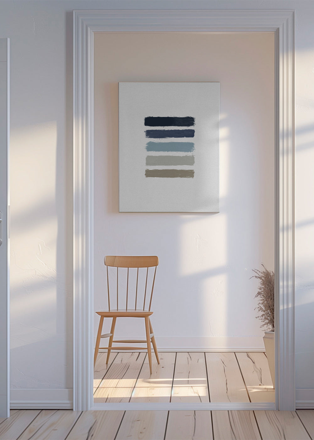 Minimalistyczny obraz z niebieskimi i taupe pasami