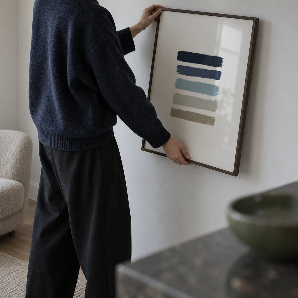 Blue & taupe stripes - Framed poster in an interior