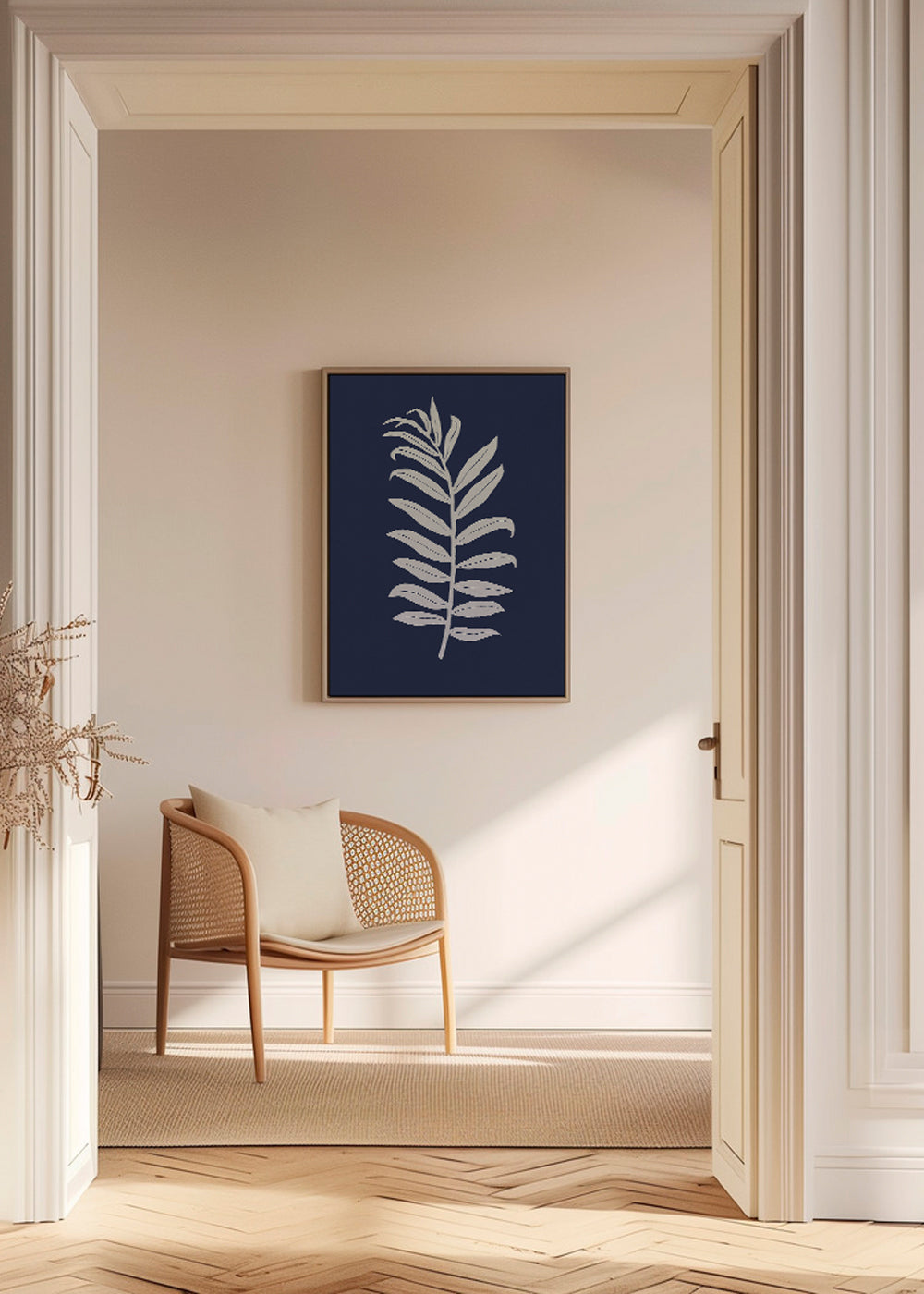Plakat botaniczny: liść palmy na głębokim granacie