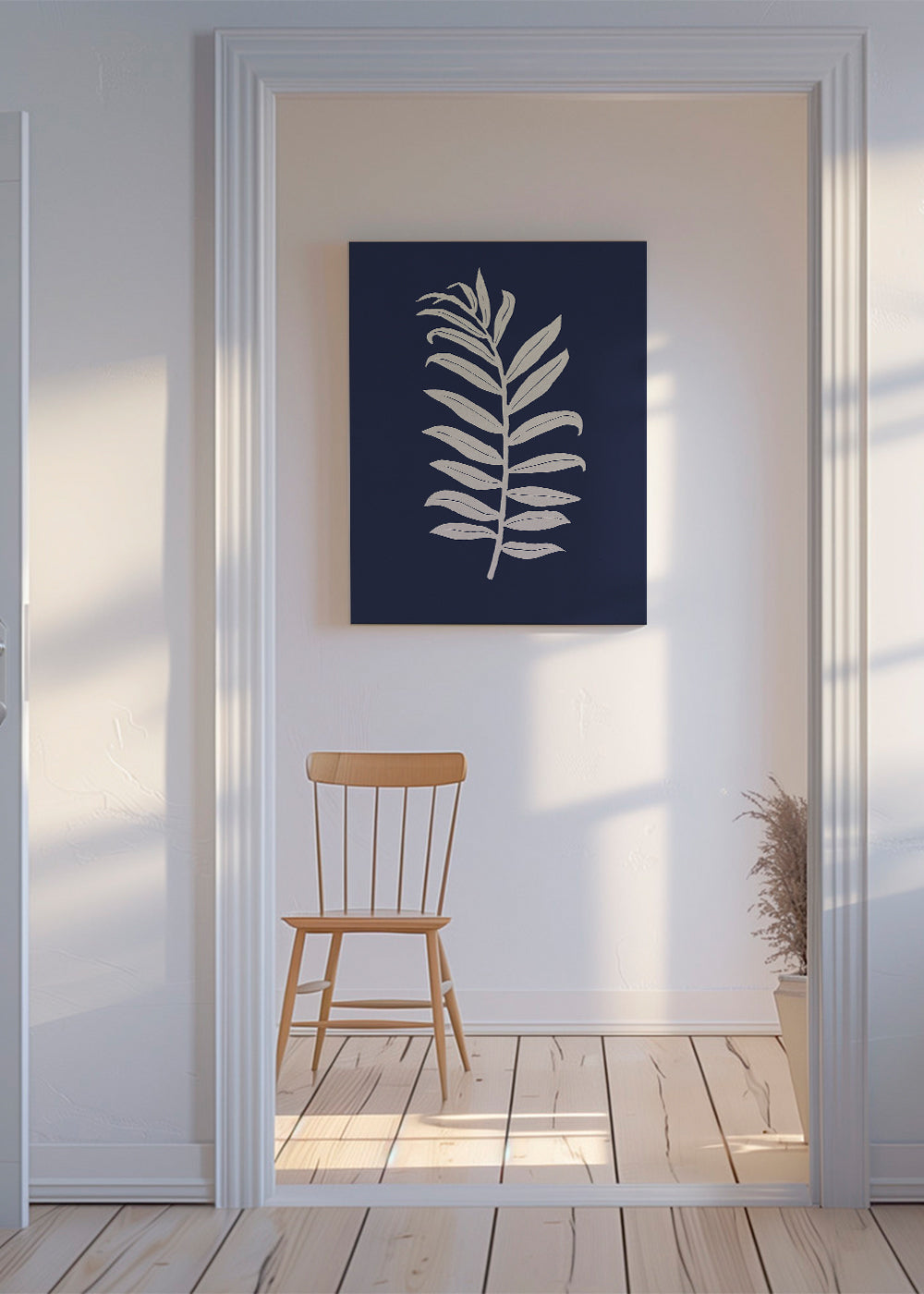Plakat botaniczny: liść palmy na głębokim granacie