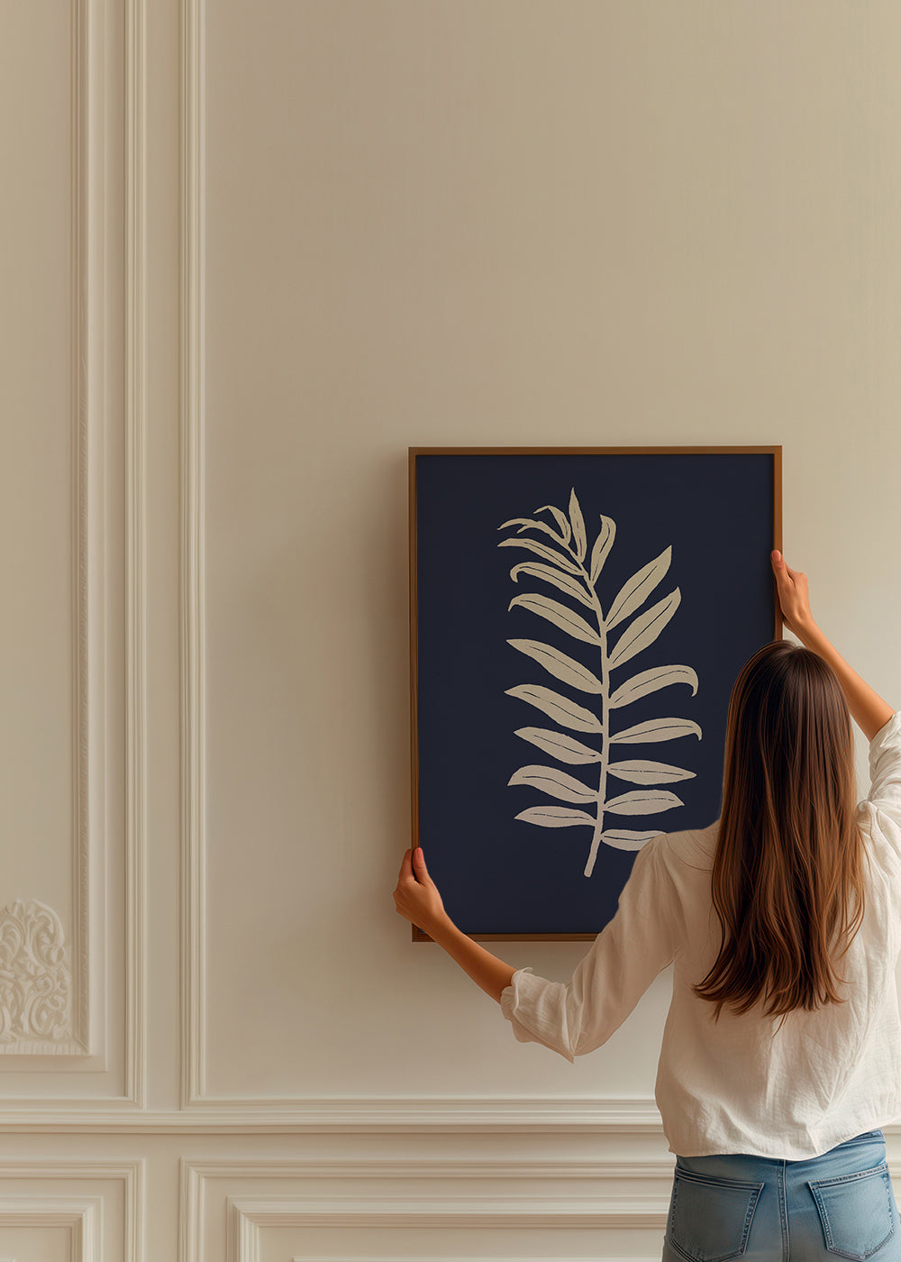 Plakat botaniczny: liść palmy na głębokim granacie