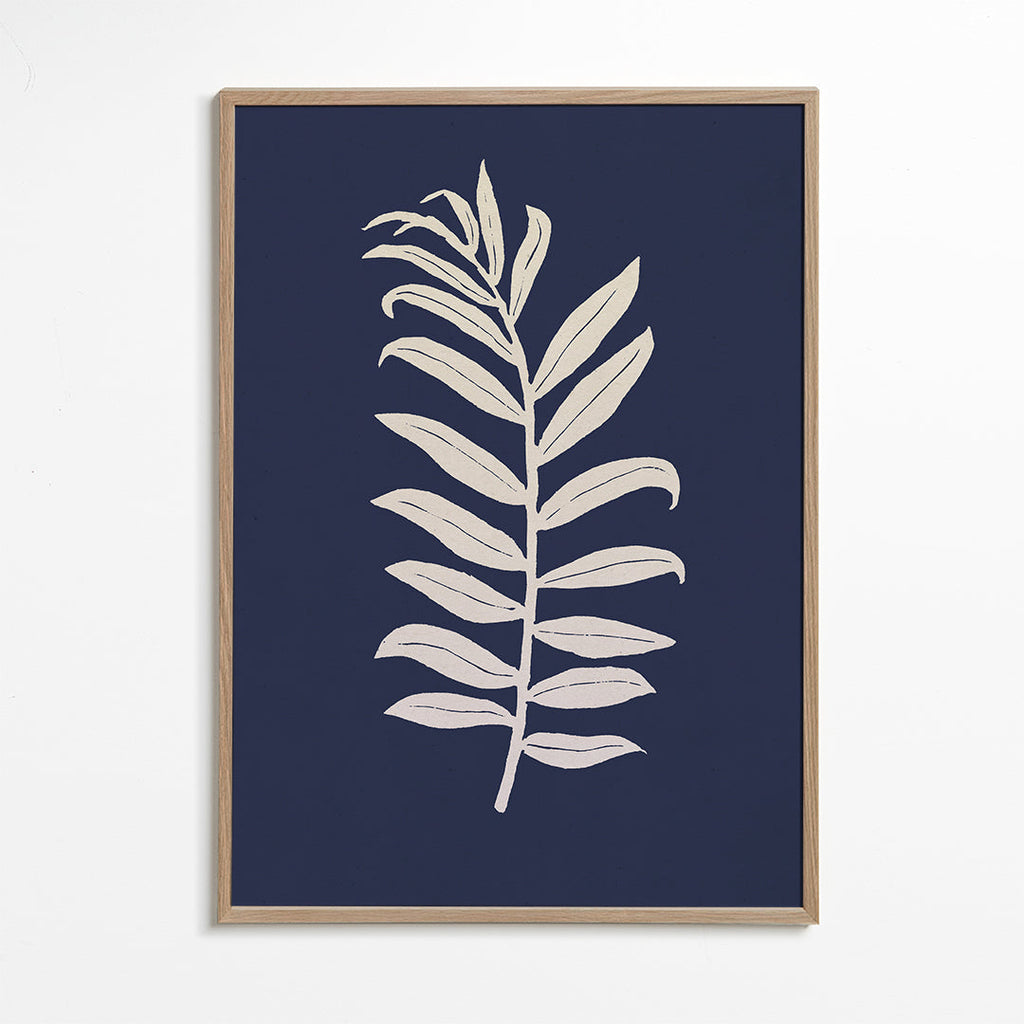 Plakat botaniczny: liść palmy na głębokim granacie