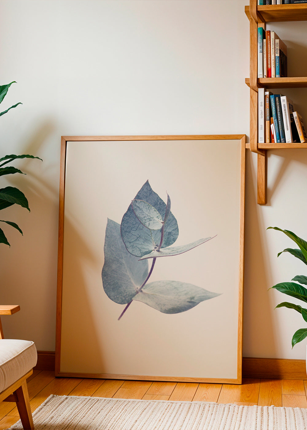 Plakat botaniczny: liście eukaliptusa w delikatnym błękicie