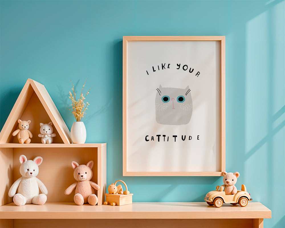 Minimalistyczny plakat z kotem i zabawnym napisem