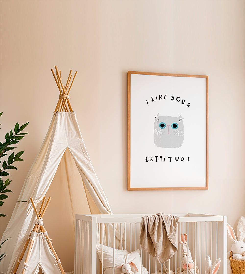 Minimalistyczny plakat z kotem i zabawnym napisem