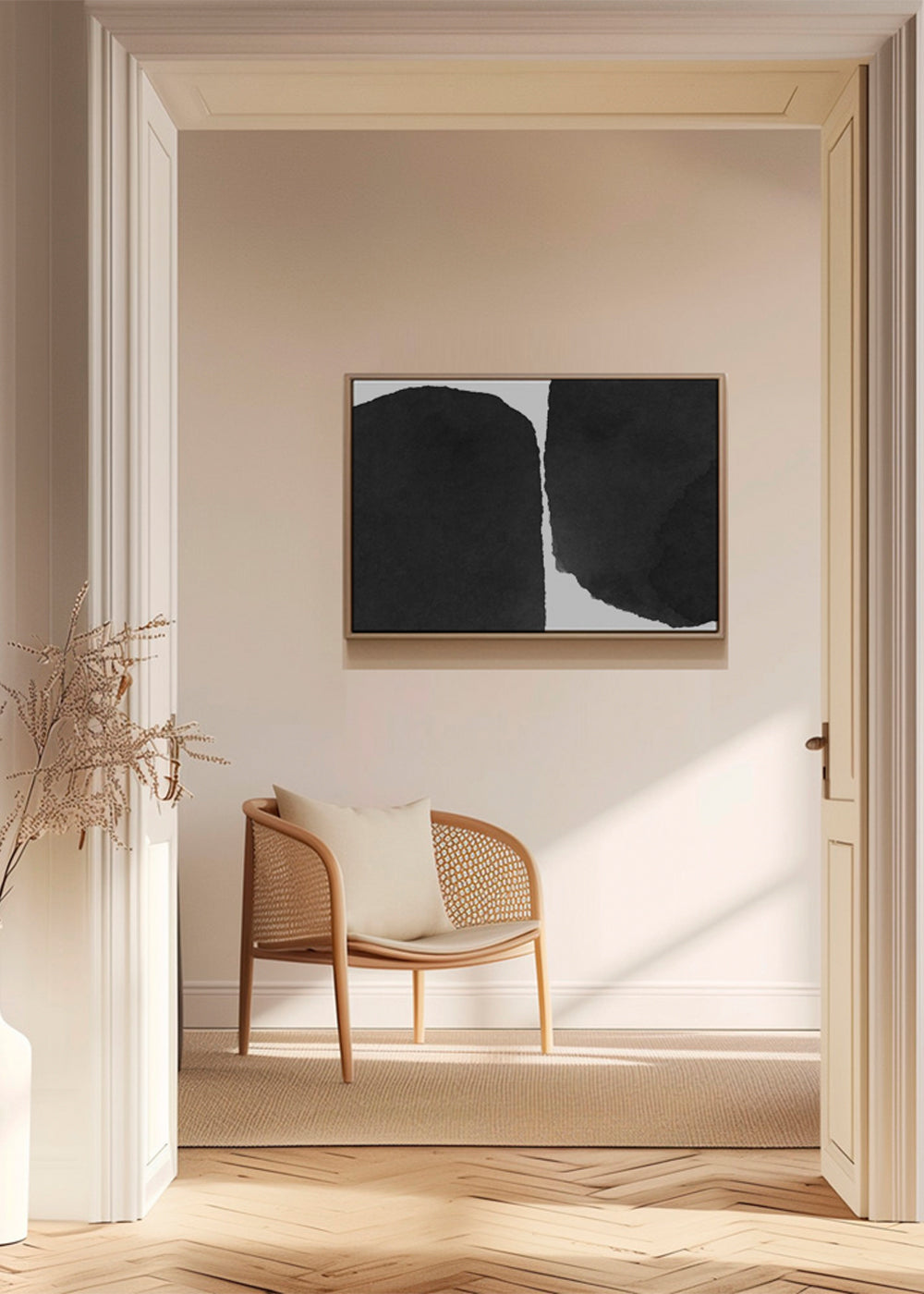 Sztuka czarno-biała minimal z plamami tuszu