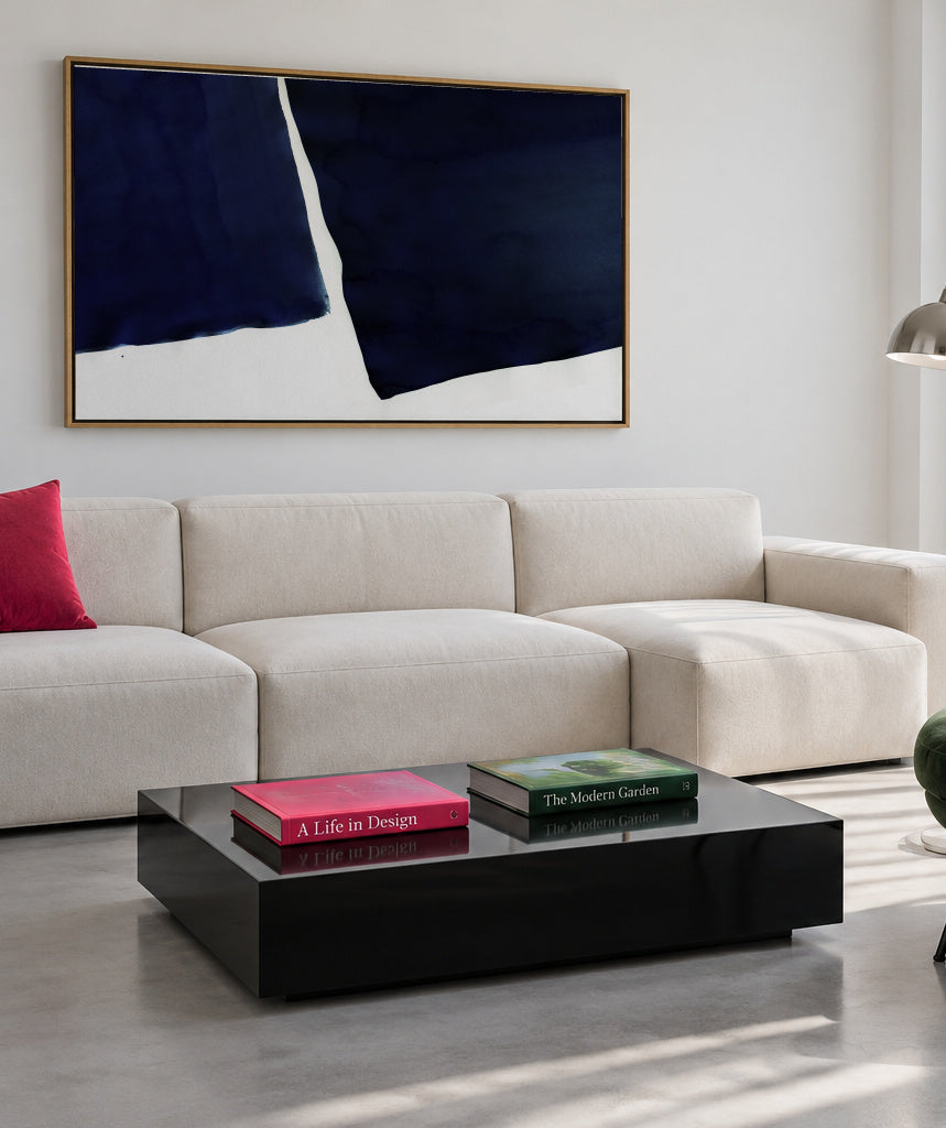 Minimal navy blue abstract 01 - Framed canvas in an interior