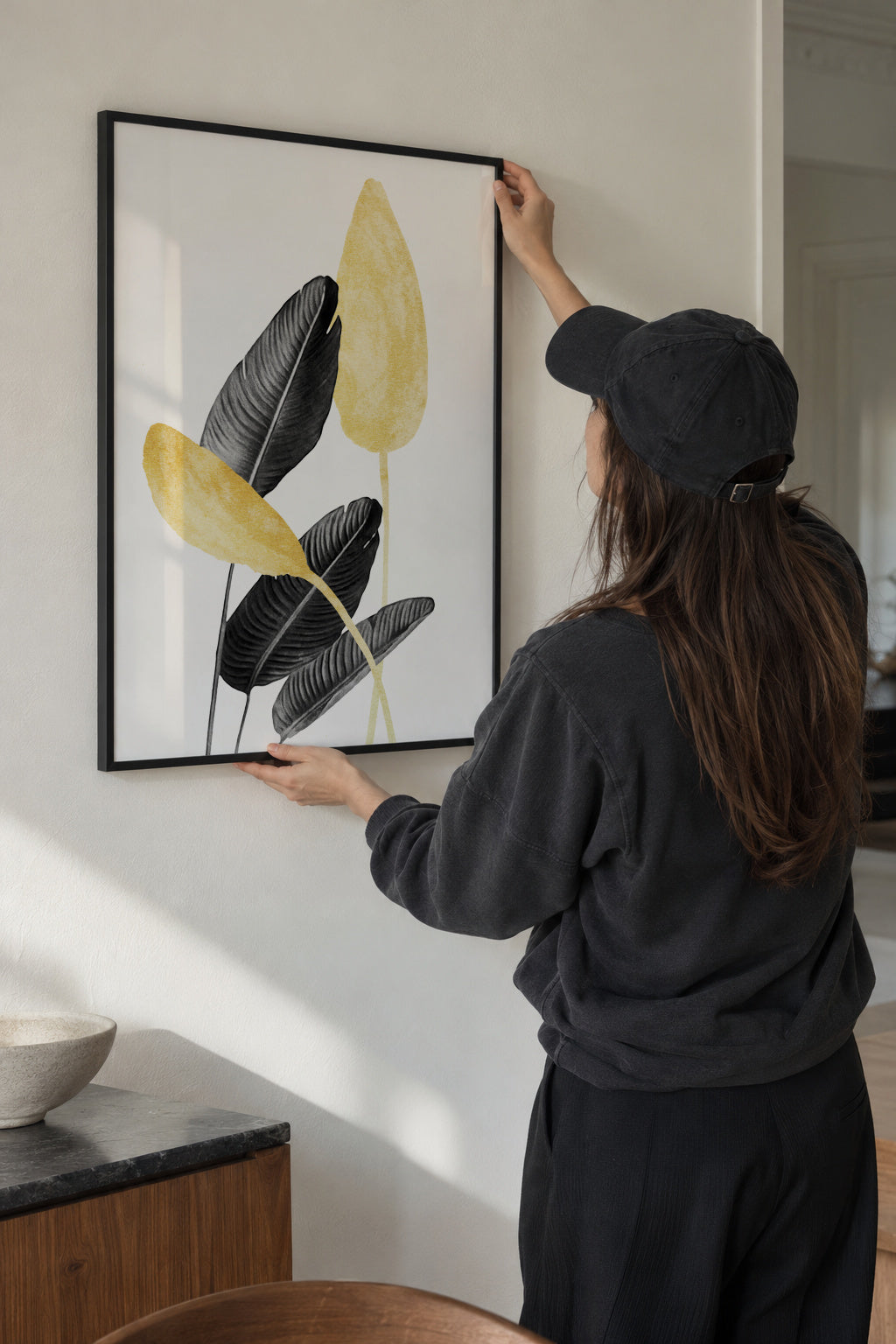 Bird of Paradise Plant Black, White and Gold 02 - Framed poster in an interior