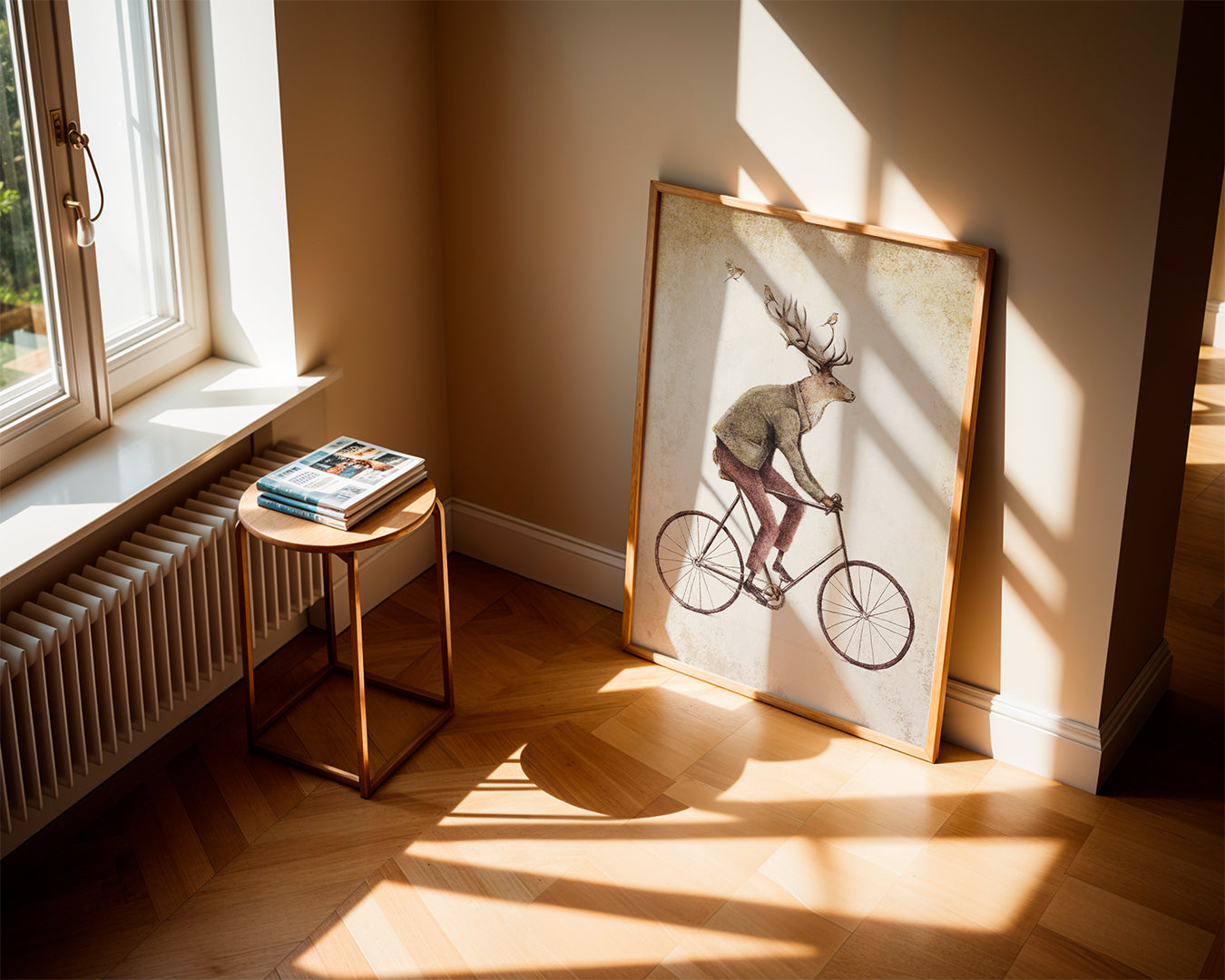 Wydruk vintage: jeleń na rowerze