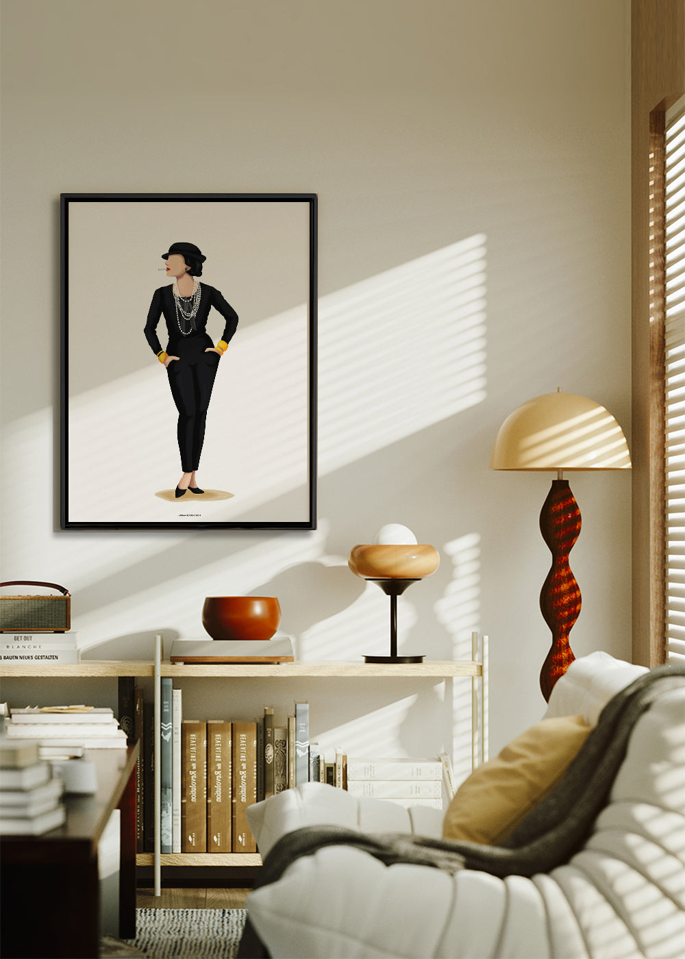 Ilustracja Coco Chanel z perłami