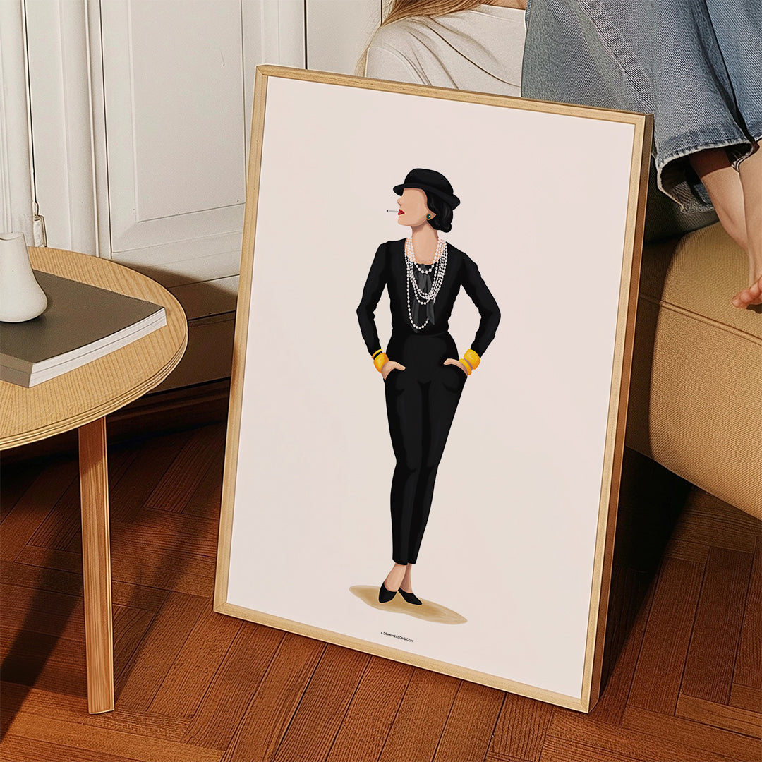 Ilustracja Coco Chanel z perłami