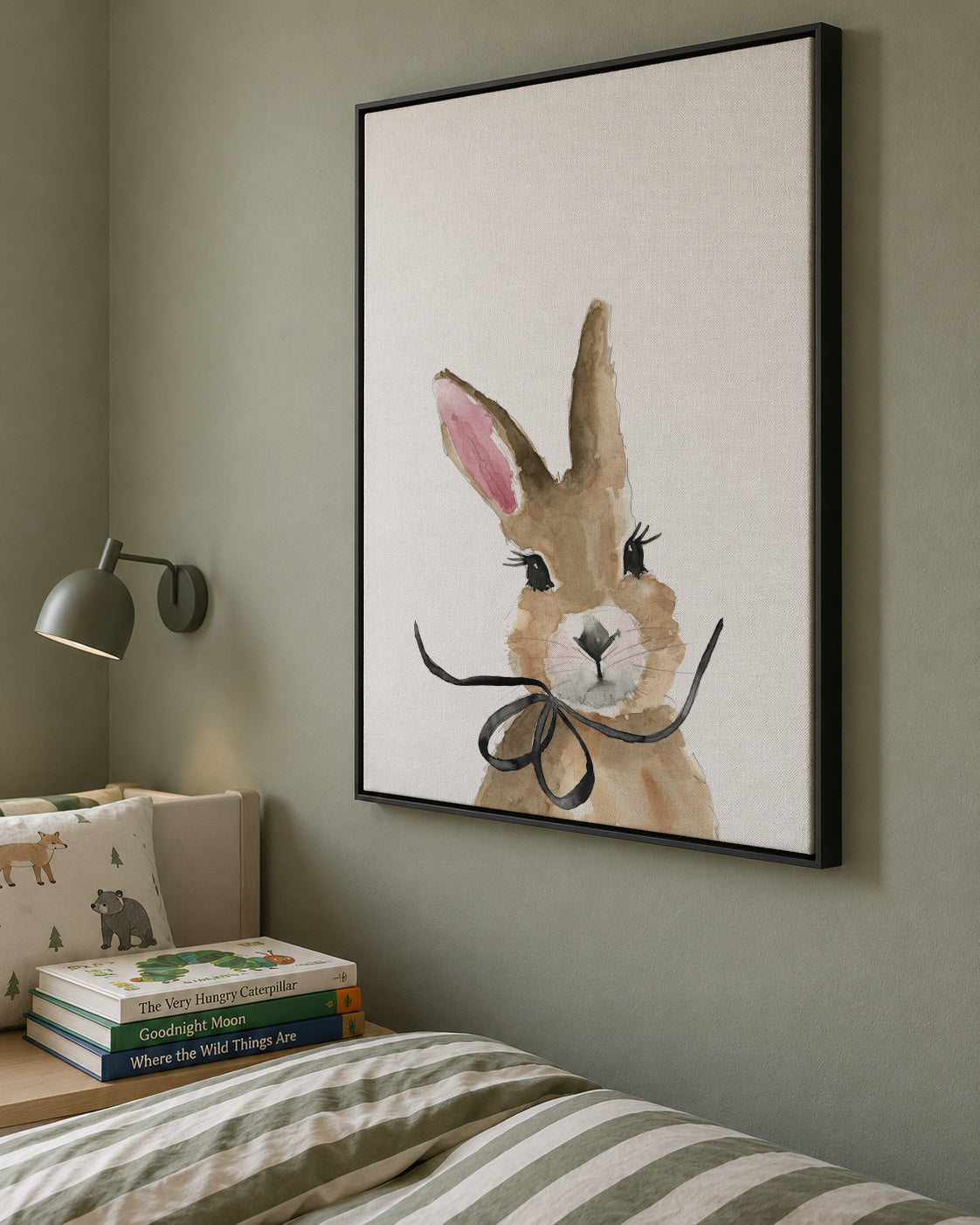 Bunny with bow - Framed canvas in an interior