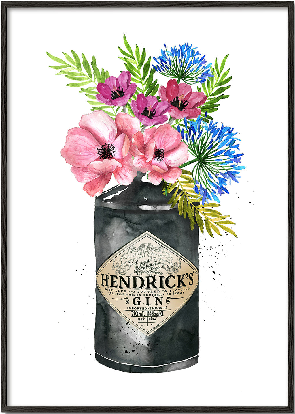 Plakat botaniczny z butelką Hendrick's i kwiatami
