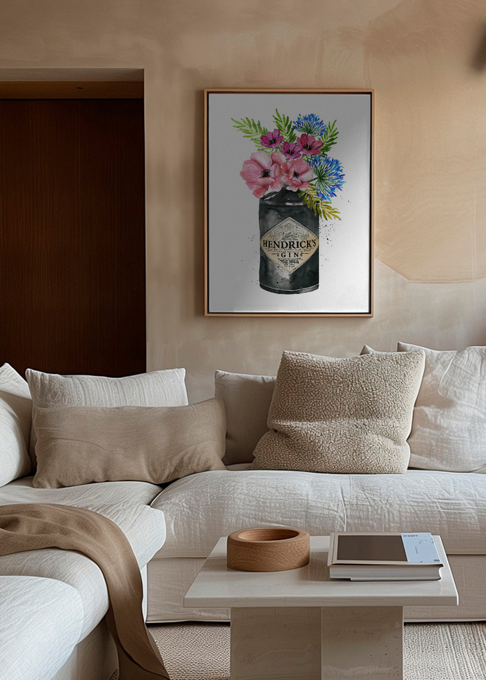 Plakat botaniczny z butelką Hendrick's i kwiatami