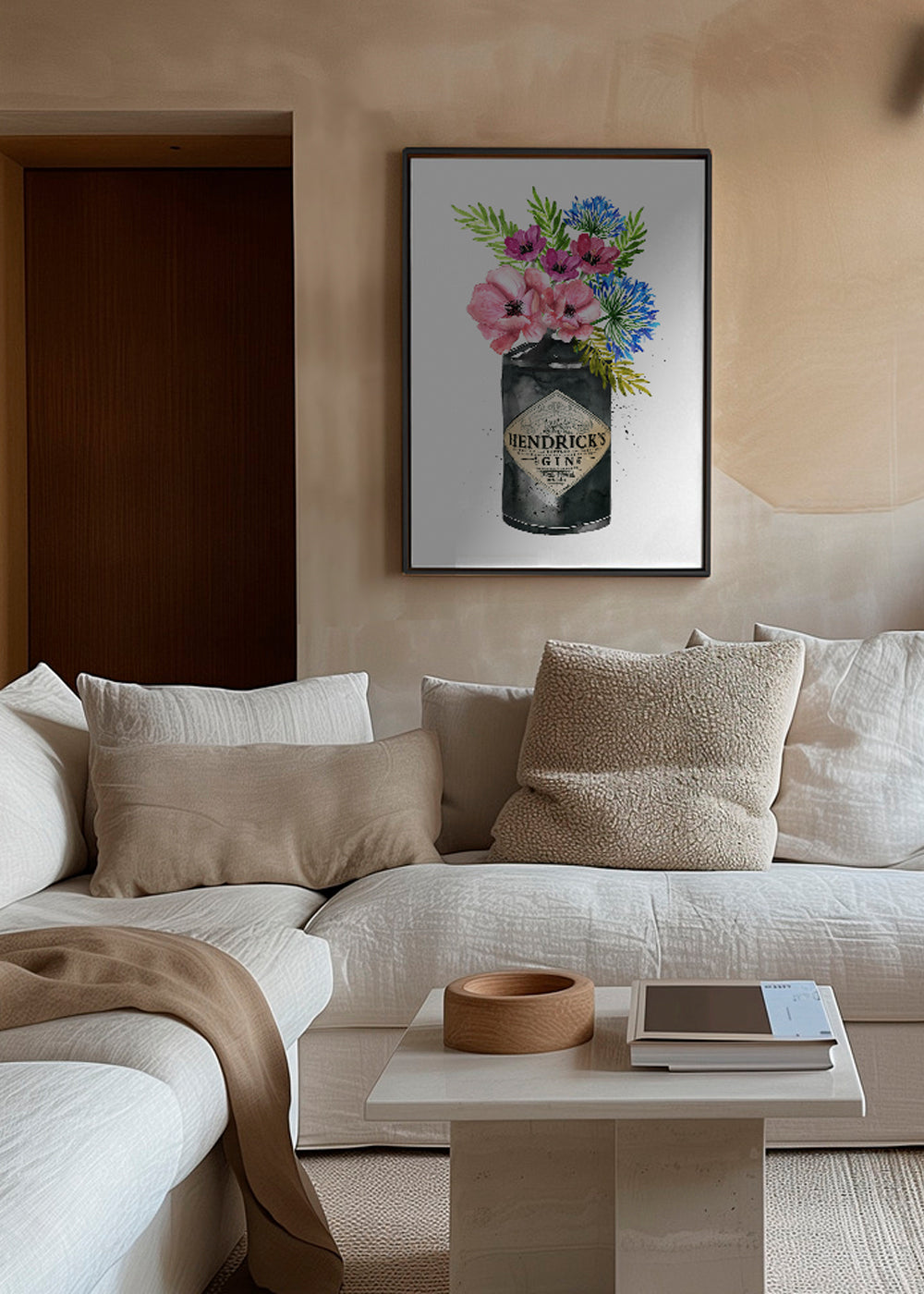 Plakat botaniczny z butelką Hendrick's i kwiatami