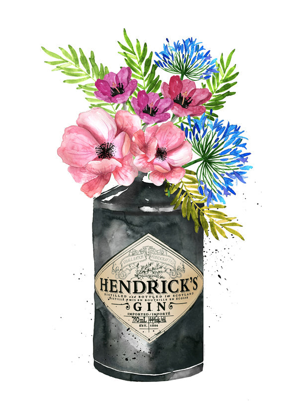 Plakat botaniczny z butelką Hendrick's i kwiatami