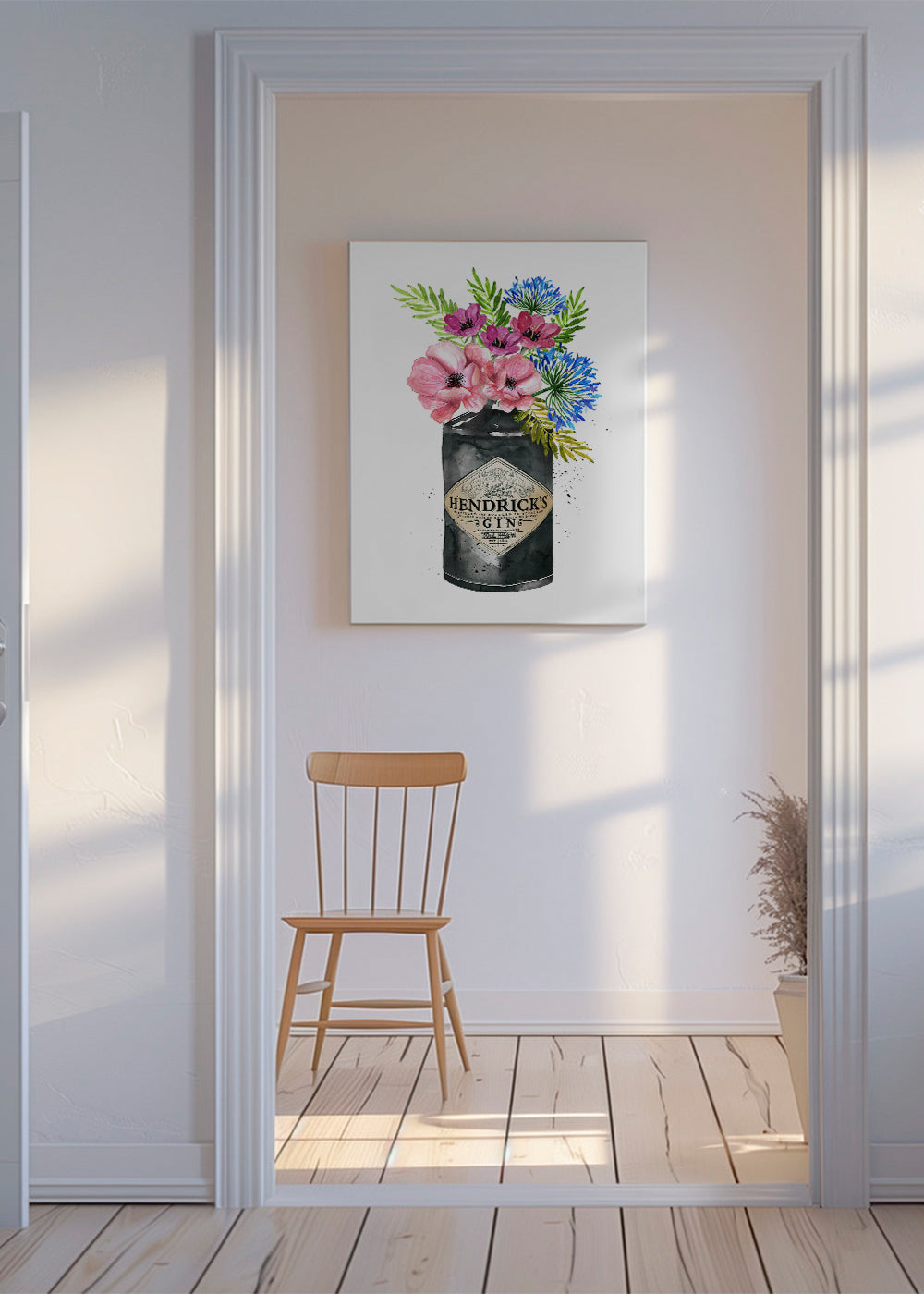 Plakat botaniczny z butelką Hendrick's i kwiatami