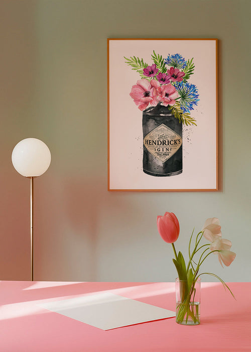 Plakat botaniczny z butelką Hendrick's i kwiatami