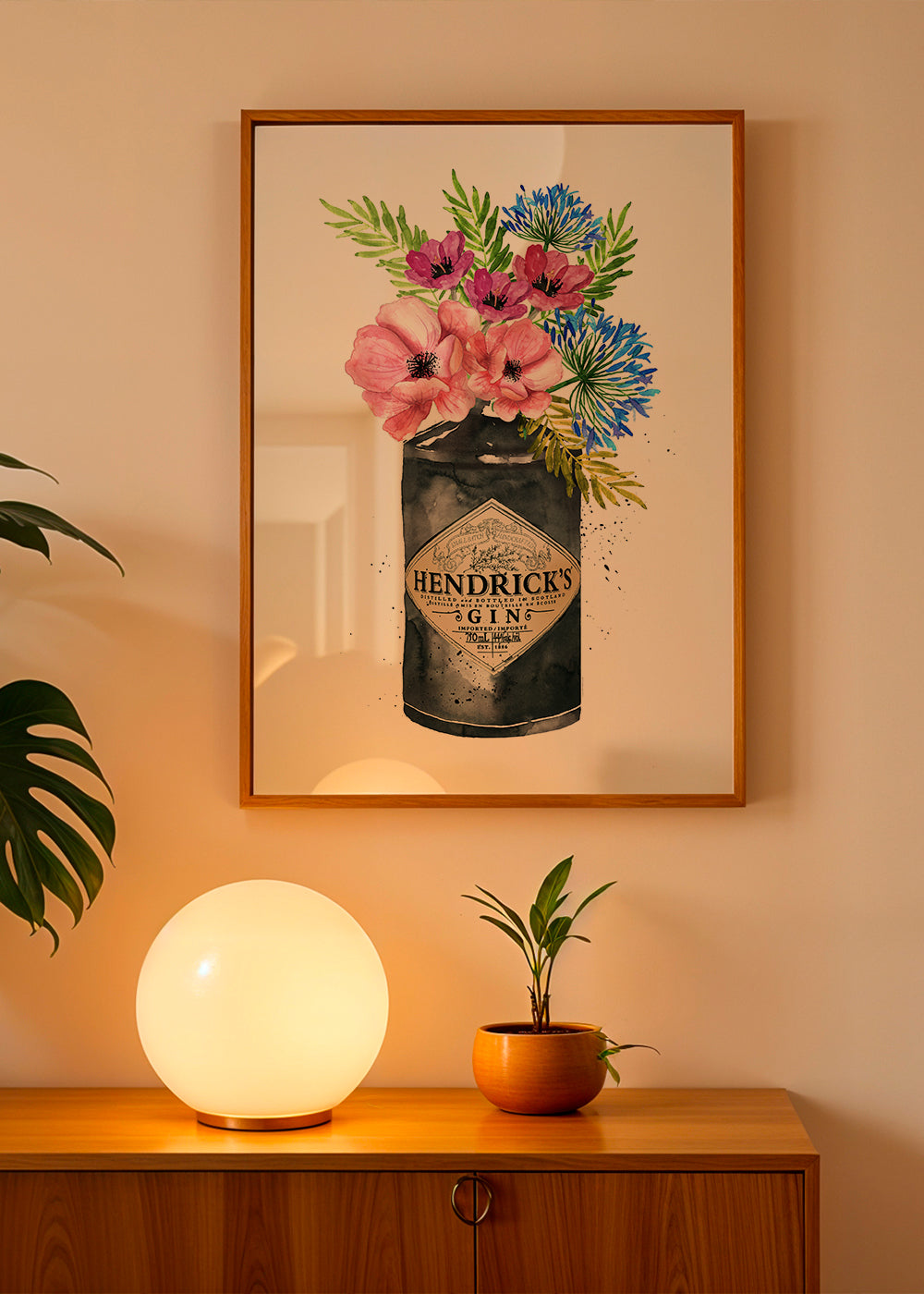 Plakat botaniczny z butelką Hendrick's i kwiatami