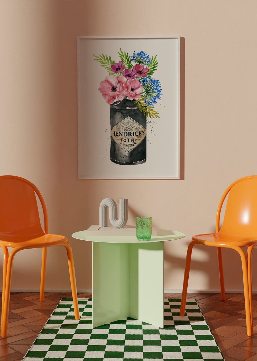Plakat botaniczny z butelką Hendrick's i kwiatami