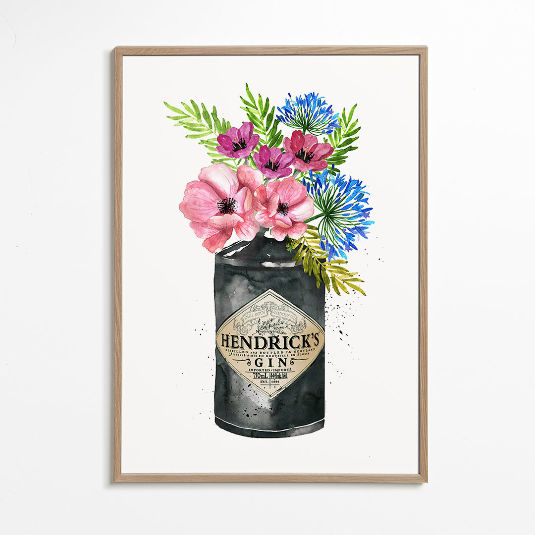 Plakat botaniczny z butelką Hendrick's i kwiatami