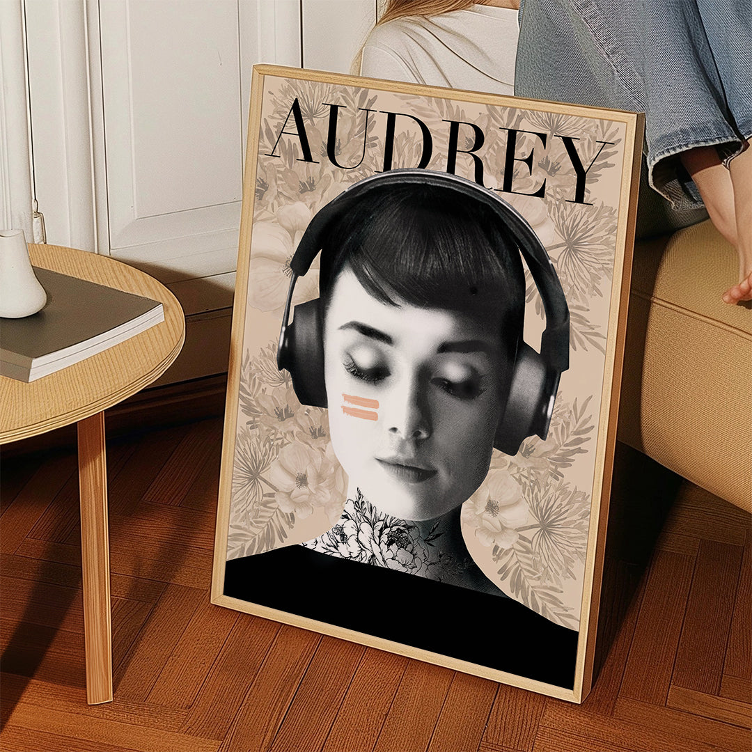 Plakat vintage Audrey ze słuchawkami